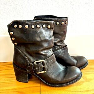 Women's Black Leather Mid-Calf Heeled Boots with Stud and Buckle Detail